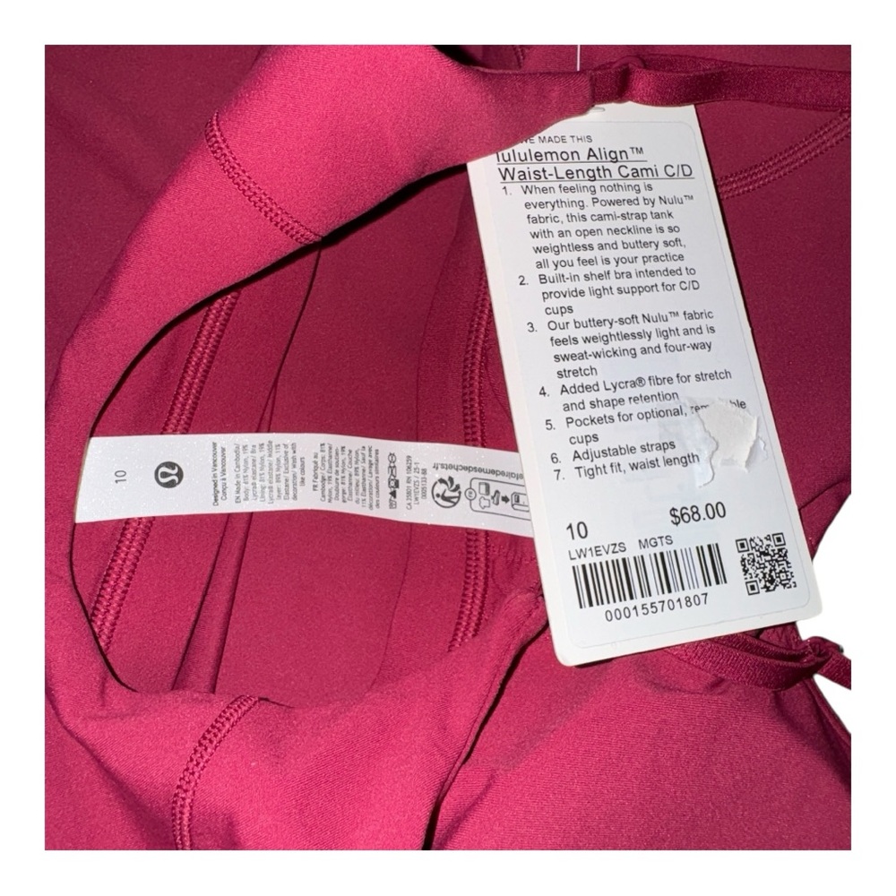 Lululemon Align Waist-Length Cami Tank, C/D Cup, Magenta Smoke, Size 10 NWT - Picture 7 of 7